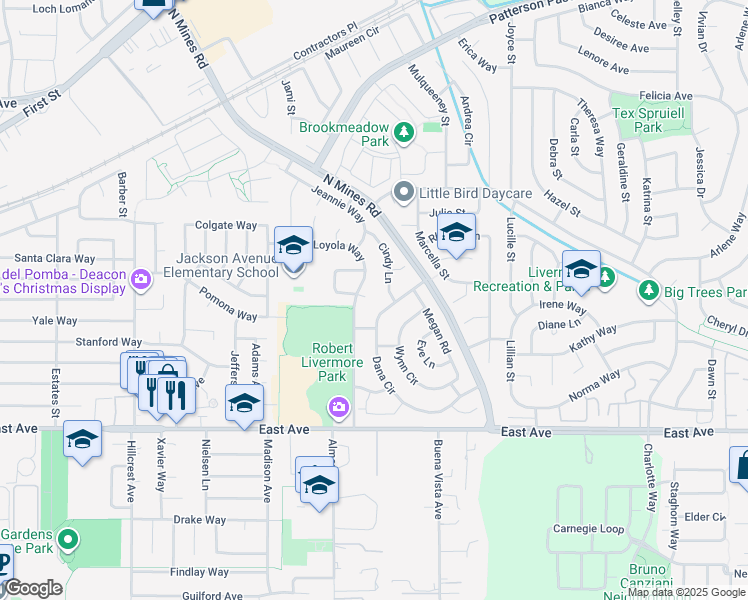 map of restaurants, bars, coffee shops, grocery stores, and more near 4610 Amy Court in Livermore