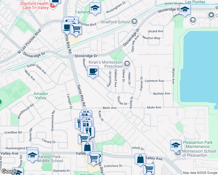 map of restaurants, bars, coffee shops, grocery stores, and more near 2129 Delucchi Drive in Pleasanton
