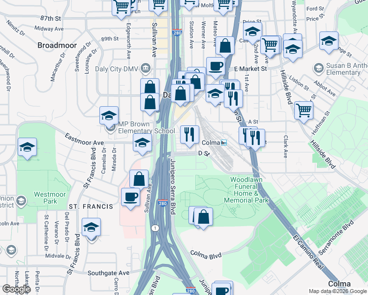 map of restaurants, bars, coffee shops, grocery stores, and more near 139 Mabuhay Way in Daly City