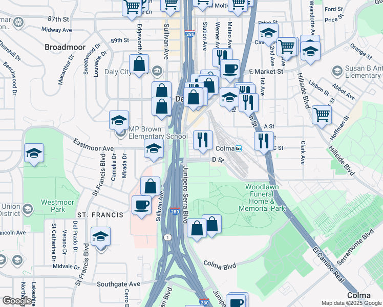 map of restaurants, bars, coffee shops, grocery stores, and more near 102 Makibaka Way in Daly City
