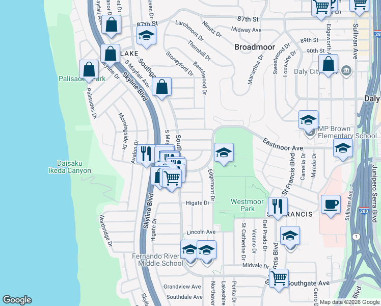 map of restaurants, bars, coffee shops, grocery stores, and more near 40 Baldwin Avenue in Daly City