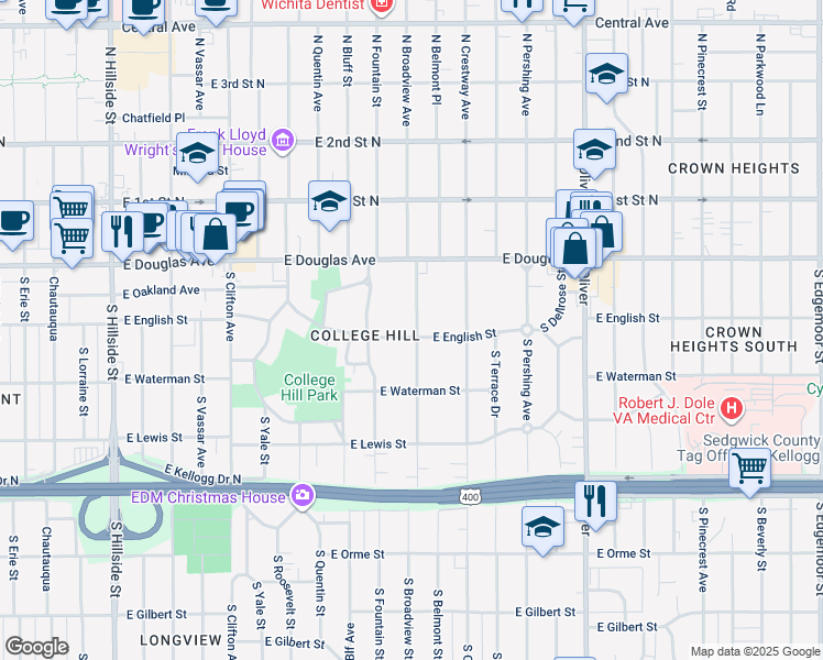 map of restaurants, bars, coffee shops, grocery stores, and more near 140 South Belmont Street in Wichita