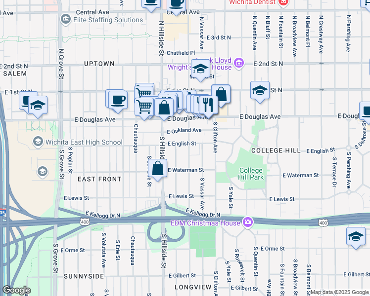map of restaurants, bars, coffee shops, grocery stores, and more near 3309 East English Street in Wichita