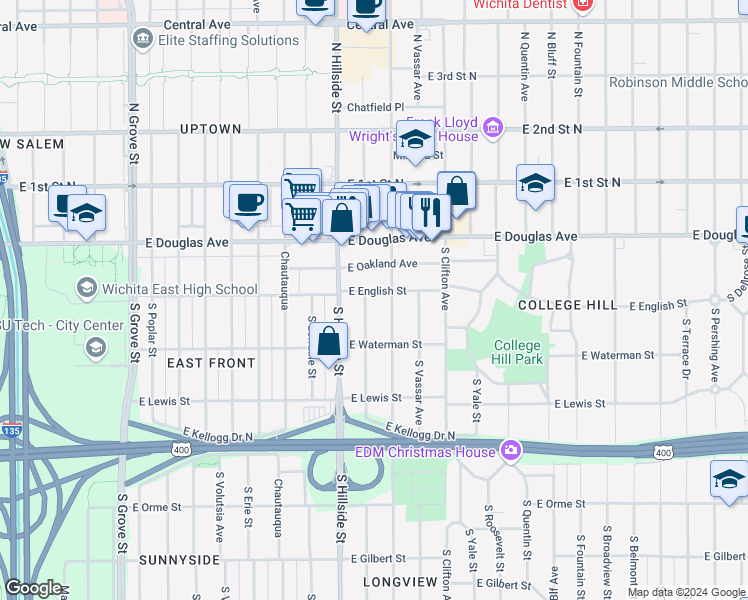 map of restaurants, bars, coffee shops, grocery stores, and more near 3309 East English Street in Wichita