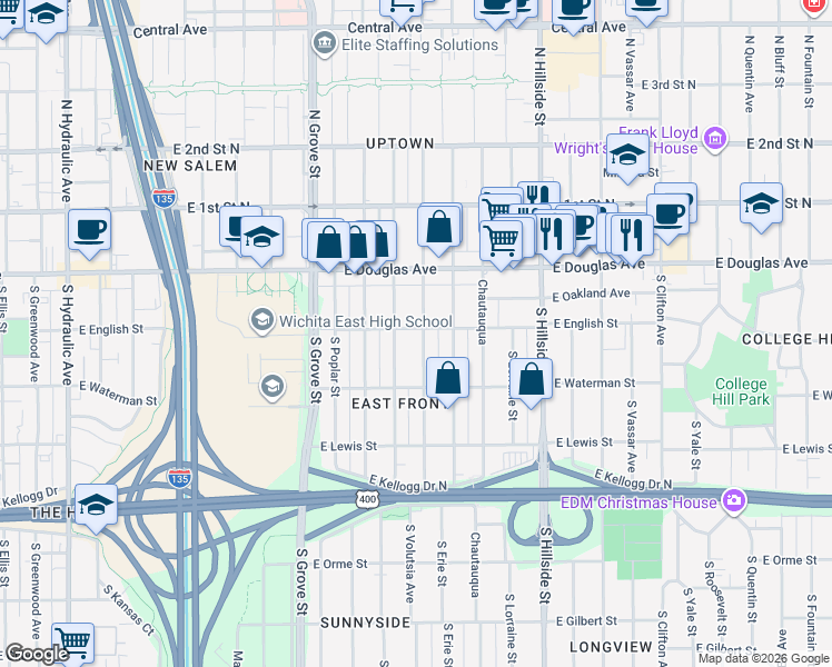 map of restaurants, bars, coffee shops, grocery stores, and more near 157 North Volutsia in Wichita