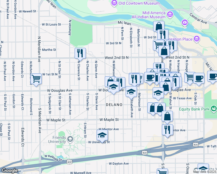 map of restaurants, bars, coffee shops, grocery stores, and more near 1704 West Douglas Avenue in Wichita