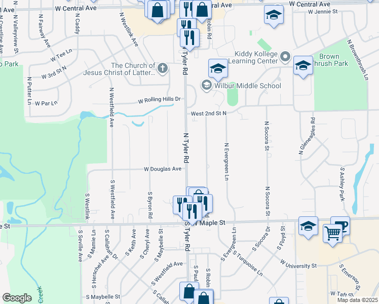 map of restaurants, bars, coffee shops, grocery stores, and more near 143 North Tyler Road in Wichita