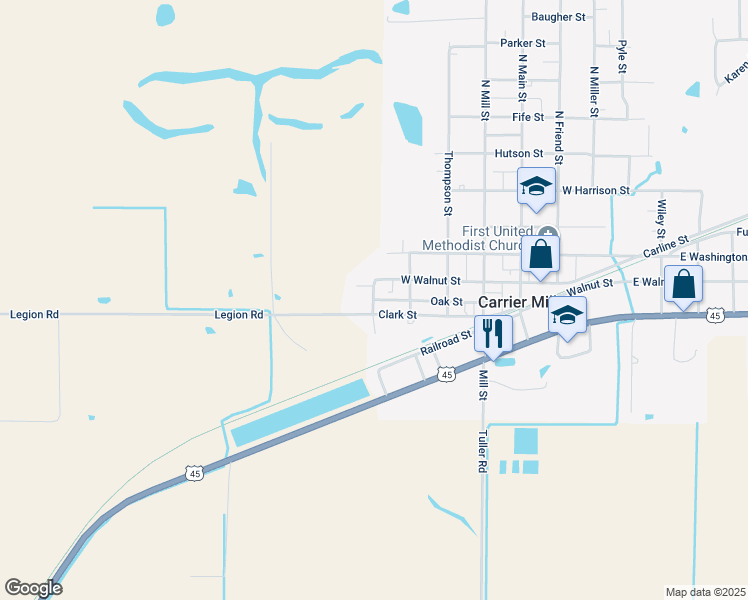 map of restaurants, bars, coffee shops, grocery stores, and more near 404 Oak St in Carrier Mills