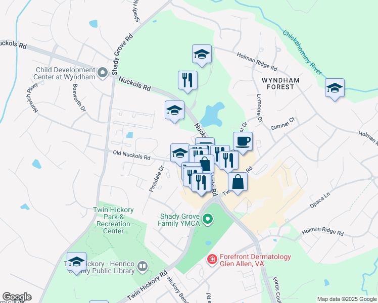 map of restaurants, bars, coffee shops, grocery stores, and more near 9 Orchard Park Drive in Glen Allen