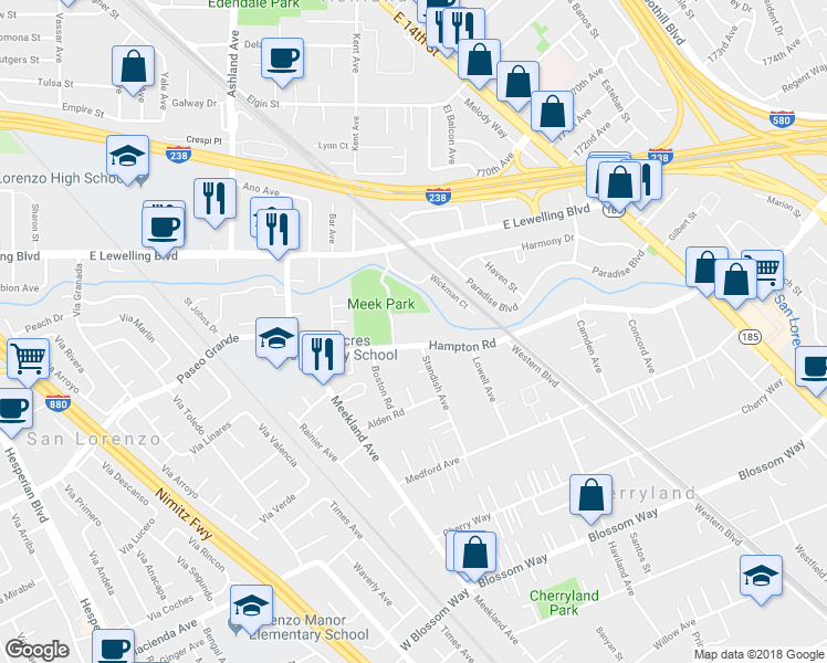 map of restaurants, bars, coffee shops, grocery stores, and more near 278 Hampton Road in Hayward