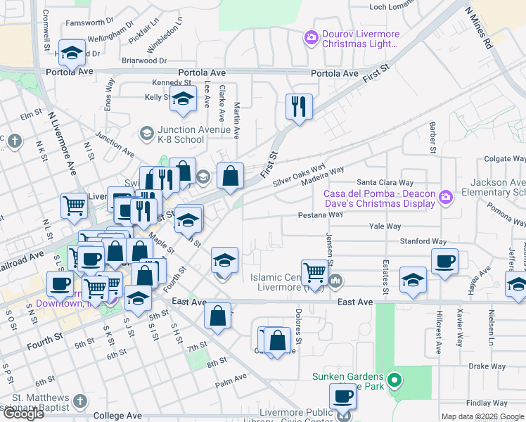 map of restaurants, bars, coffee shops, grocery stores, and more near 365 Pestana Place in Livermore