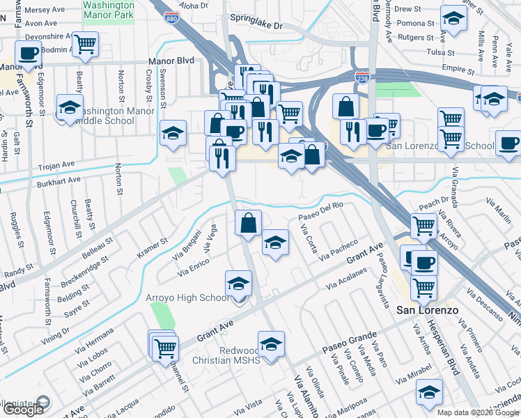 map of restaurants, bars, coffee shops, grocery stores, and more near 961 William Drive in San Lorenzo
