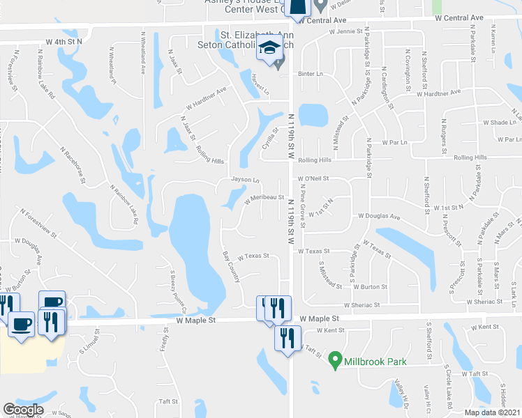 map of restaurants, bars, coffee shops, grocery stores, and more near 12125 West Meribeau Court in Wichita