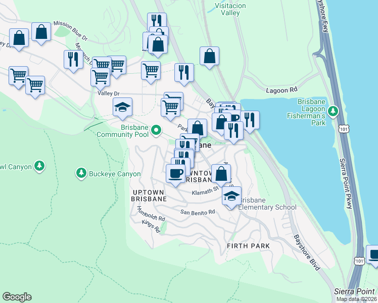 map of restaurants, bars, coffee shops, grocery stores, and more near 18 Visitacion Avenue in Brisbane