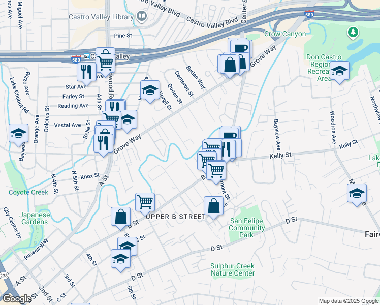 map of restaurants, bars, coffee shops, grocery stores, and more near 22438 Moyers Street in Castro Valley