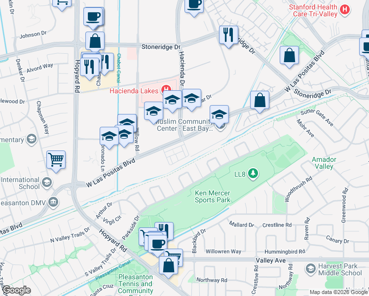 map of restaurants, bars, coffee shops, grocery stores, and more near 3460 Serra Circle in Pleasanton