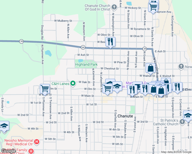 map of restaurants, bars, coffee shops, grocery stores, and more near 601-699 W Walnut St in Chanute