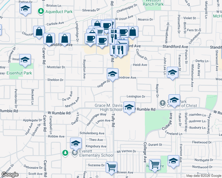map of restaurants, bars, coffee shops, grocery stores, and more near 3115 Tully Road in Modesto