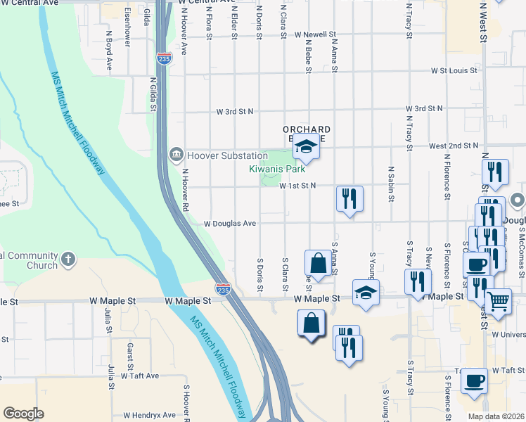 map of restaurants, bars, coffee shops, grocery stores, and more near 126 North Doris Street in Wichita