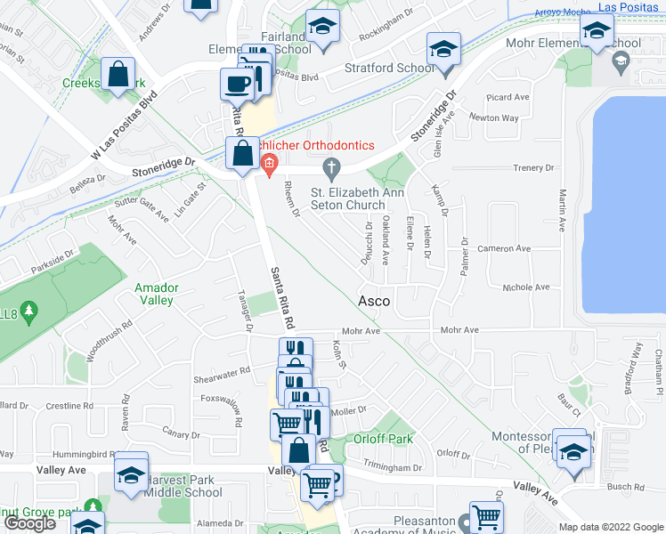 map of restaurants, bars, coffee shops, grocery stores, and more near 2126 Rheem Drive in Pleasanton