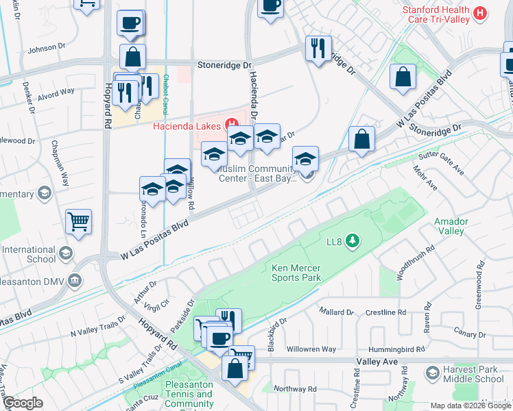 map of restaurants, bars, coffee shops, grocery stores, and more near 3460 Serra Circle in Pleasanton