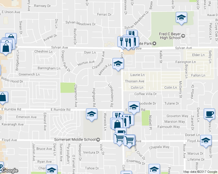 map of restaurants, bars, coffee shops, grocery stores, and more near 1112 Bristol Lane in Modesto
