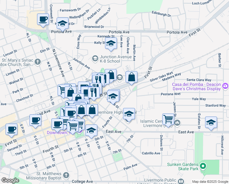 map of restaurants, bars, coffee shops, grocery stores, and more near 2755 1st Street in Livermore