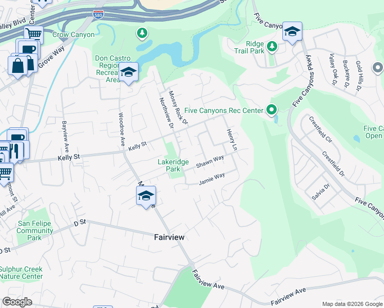 map of restaurants, bars, coffee shops, grocery stores, and more near 3238 Ridge Crest Court in Hayward