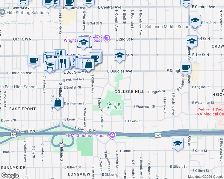 map of restaurants, bars, coffee shops, grocery stores, and more near 3817 East English Street in Wichita