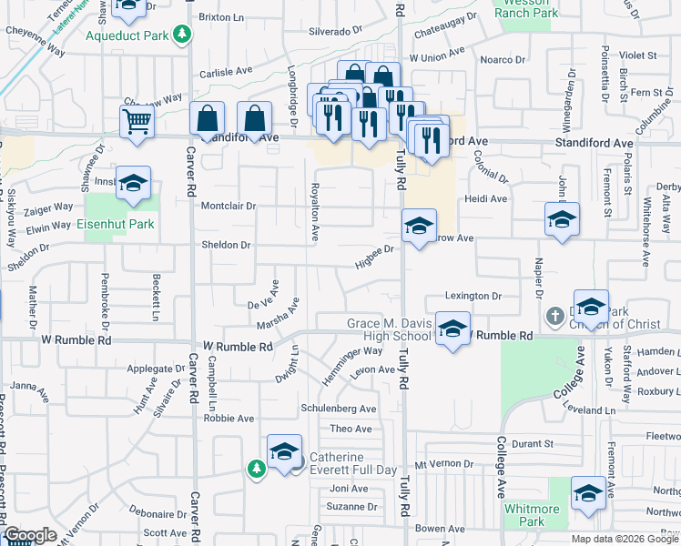 map of restaurants, bars, coffee shops, grocery stores, and more near 3120 Gayland Drive in Modesto