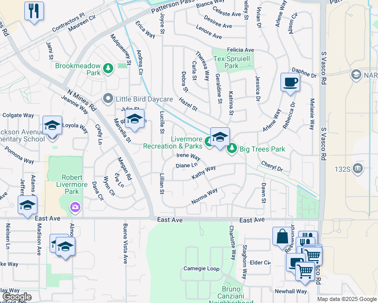 map of restaurants, bars, coffee shops, grocery stores, and more near 5234 Irene Way in Livermore
