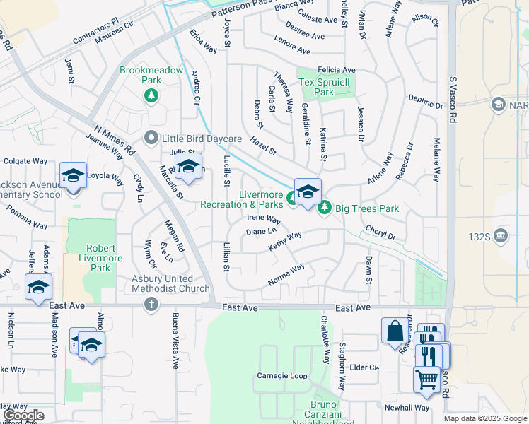 map of restaurants, bars, coffee shops, grocery stores, and more near 5234 Irene Way in Livermore