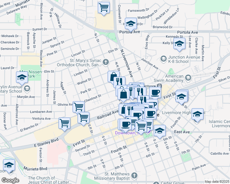 map of restaurants, bars, coffee shops, grocery stores, and more near 1989 Chestnut Street in Livermore