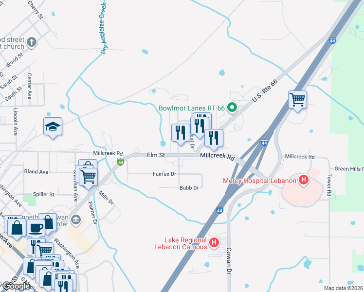 map of restaurants, bars, coffee shops, grocery stores, and more near 106 Crescent Drive in Lebanon