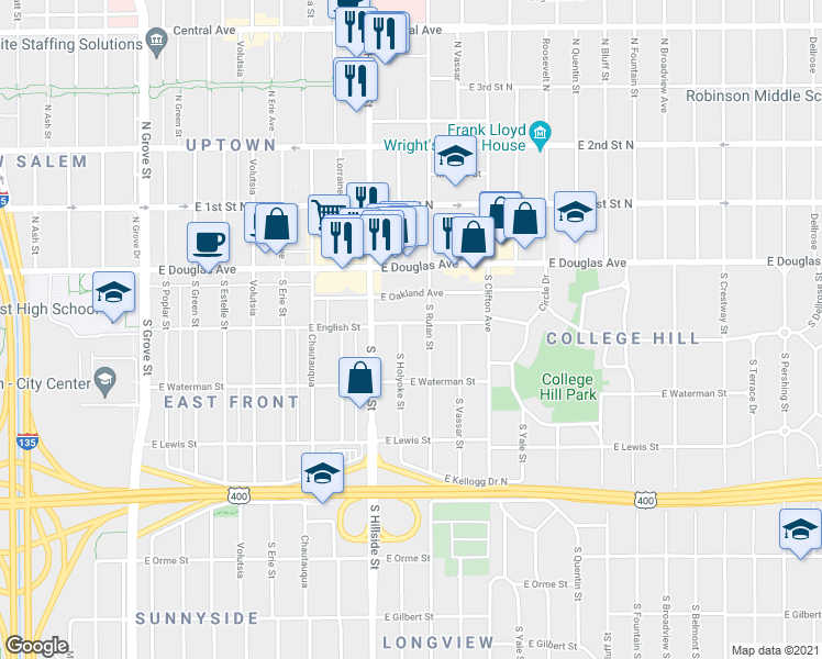 map of restaurants, bars, coffee shops, grocery stores, and more near 3309 East English Street in Wichita