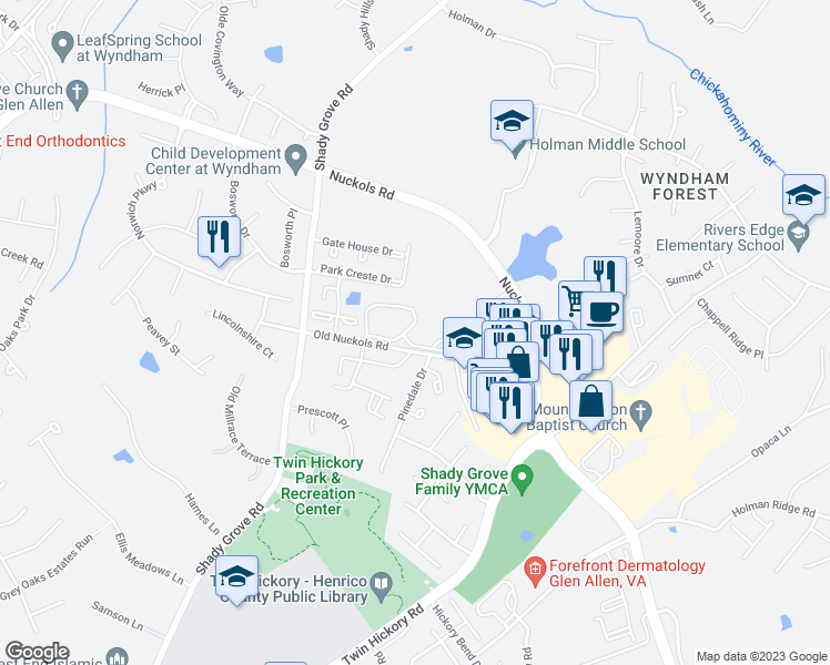 map of restaurants, bars, coffee shops, grocery stores, and more near 5401 Macalpine Circle in Glen Allen