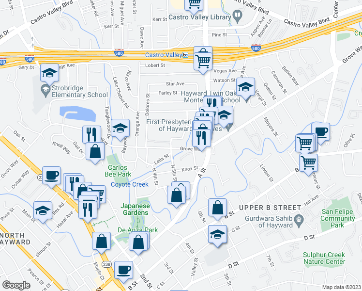 map of restaurants, bars, coffee shops, grocery stores, and more near 2242 Grove Way in Hayward