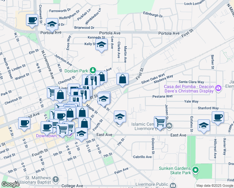 map of restaurants, bars, coffee shops, grocery stores, and more near in Livermore