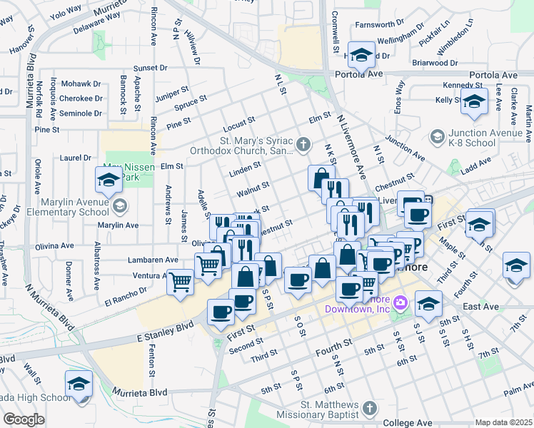 map of restaurants, bars, coffee shops, grocery stores, and more near 375 North N Street in Livermore