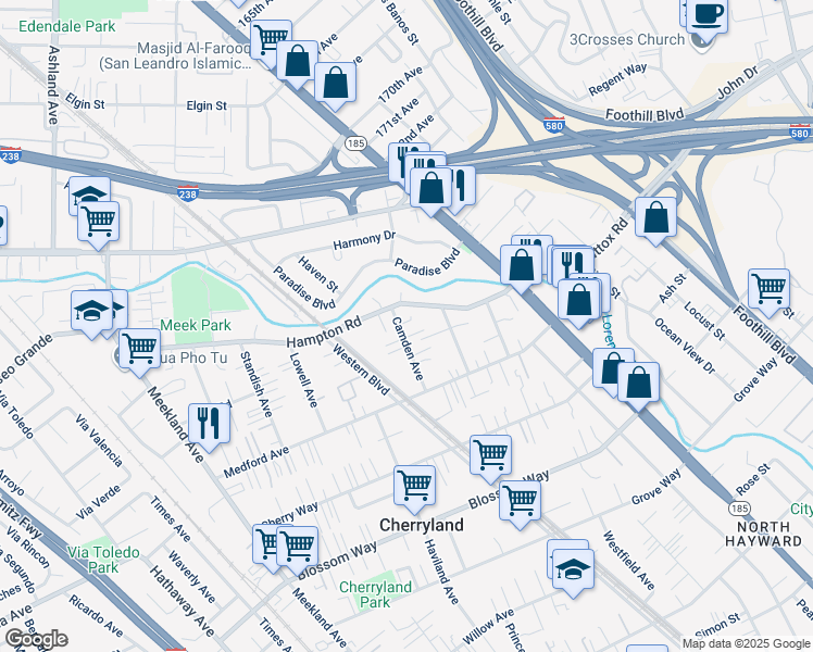 map of restaurants, bars, coffee shops, grocery stores, and more near 745 Hampton Road in Hayward