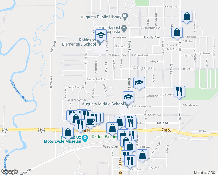 map of restaurants, bars, coffee shops, grocery stores, and more near 312 Woodridge Court in Augusta