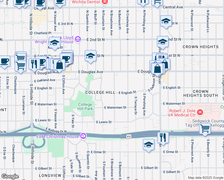 map of restaurants, bars, coffee shops, grocery stores, and more near 140 South Belmont Street in Wichita