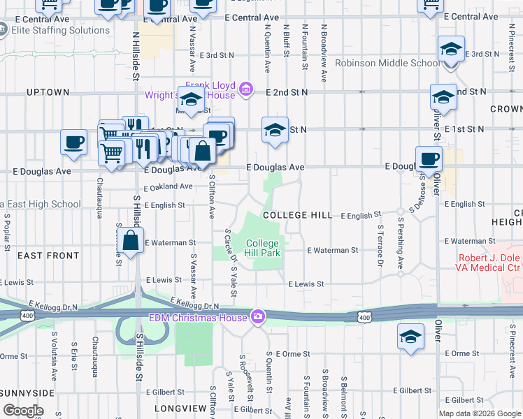 map of restaurants, bars, coffee shops, grocery stores, and more near 3817 East English Street in Wichita