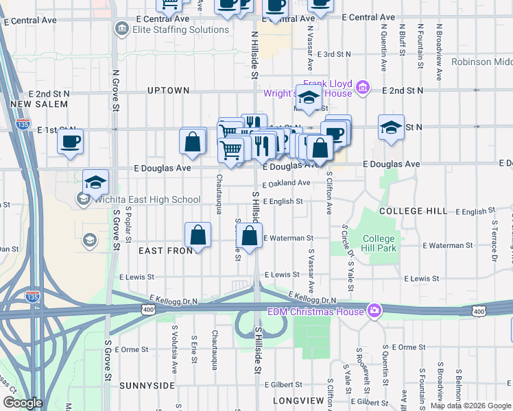 map of restaurants, bars, coffee shops, grocery stores, and more near 3100-3198 E English St in Wichita