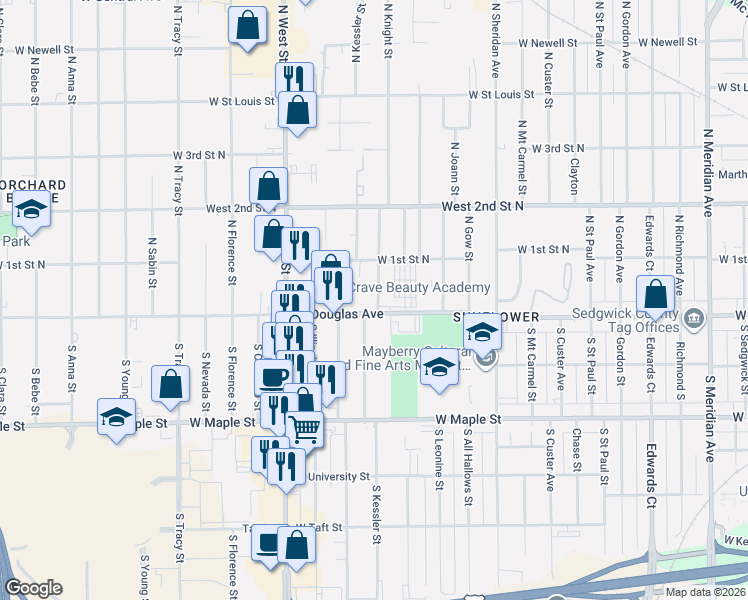 map of restaurants, bars, coffee shops, grocery stores, and more near 3448 West Douglas Avenue in Wichita