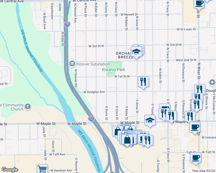 map of restaurants, bars, coffee shops, grocery stores, and more near 126 North Doris Street in Wichita