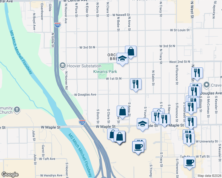 map of restaurants, bars, coffee shops, grocery stores, and more near in Wichita