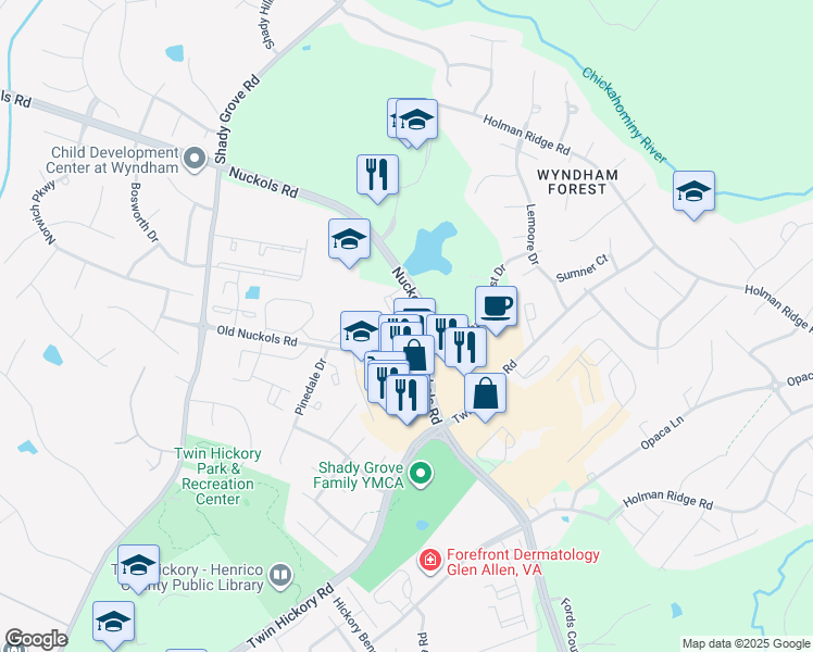map of restaurants, bars, coffee shops, grocery stores, and more near 9 Orchard Park Drive in Glen Allen