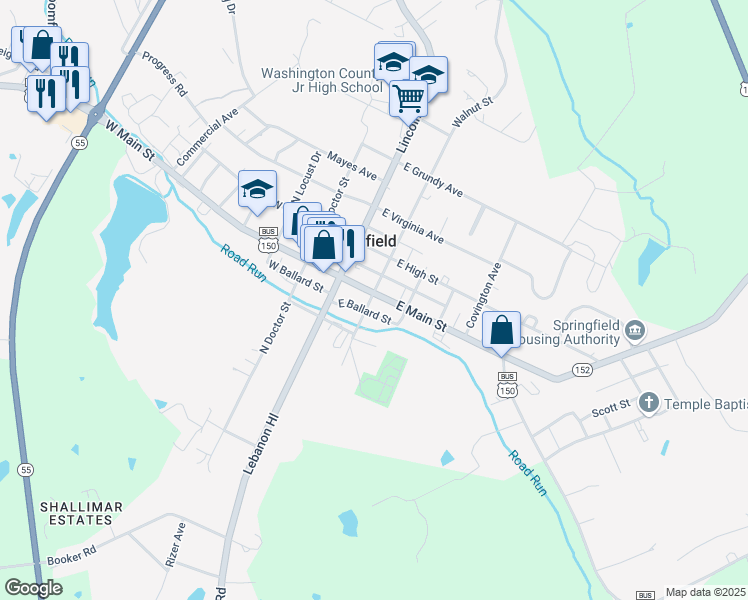 map of restaurants, bars, coffee shops, grocery stores, and more near 202 East Main Street in Springfield
