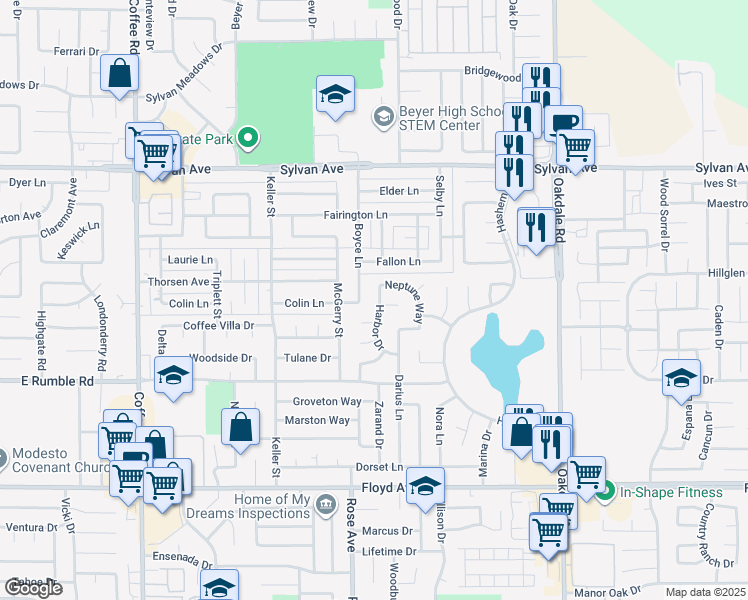 map of restaurants, bars, coffee shops, grocery stores, and more near 3201 Harbor Drive in Modesto